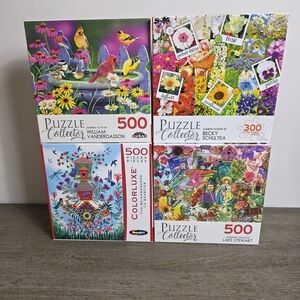 Set of Four Colorful Puzzles Featuring Flowers and Birds